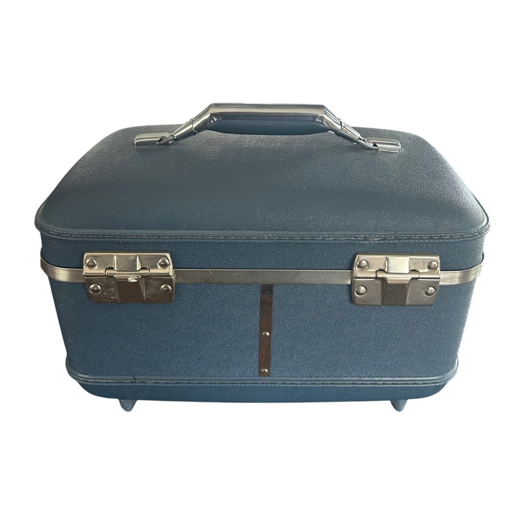 Vintage American Tourister Train Case Blue Hard Shell Floral Travel Luggage 60s - Picture 2 of 16
